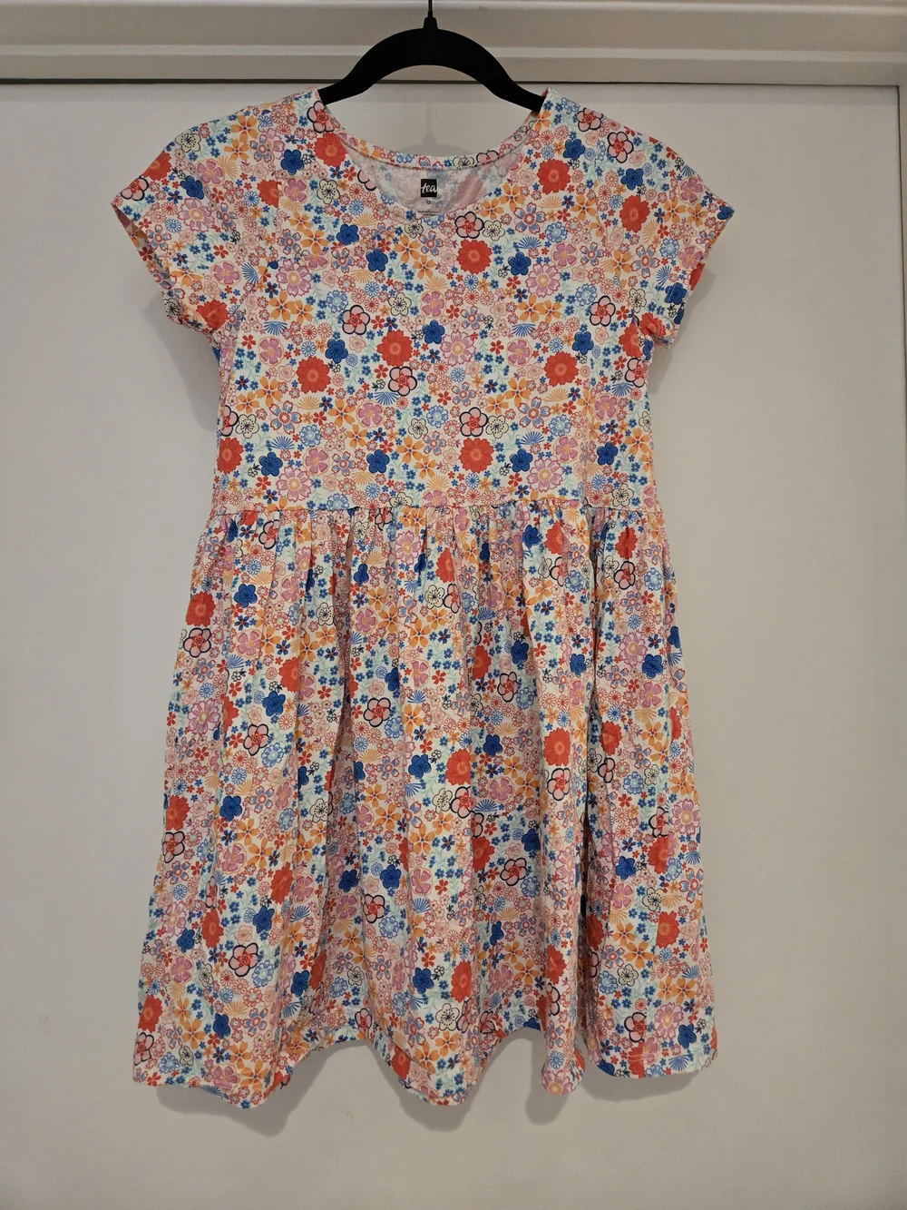 Tea Collection Girls Floral Short Sleeve Dress - Orange, Blue, Red, Pink